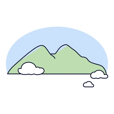 A minimalistic cartoon illustration of Mont Ventoux. The mountain is depicted with smooth, rounded contours, showcasing its height and broad peak. The colors are soft, with shades of light blues and greens blending together to represent the mountain's slopes. In the foreground, there are a few scattered clouds, rendered in white with gentle curves. The sky above is a pale blue, creating a calm backdrop for the mountain.