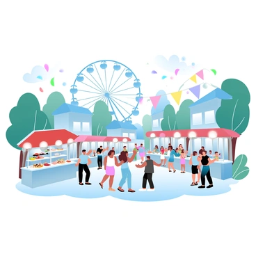A lively village festival with music, food stalls, and colorful decorations