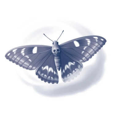 A death's-head hawkmoth with distinct skull patterns on its thorax is emerging from a thick, swirling fog. The moth has broad, dark wings spread wide, showcasing its intricate details. Surrounding the moth is a dense, white mist that obscures the background and creates an atmosphere of mystery. The fog appears to curl around the moth as it breaks through the haze, emphasizing its presence against the soft, indistinct backdrop. The scene is illuminated by a subtle glow that highlights the moth's features, enhancing its striking appearance.