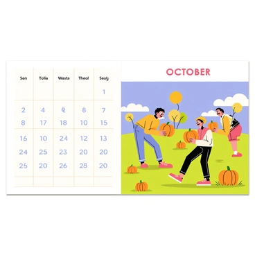 An October calendar page featuring a large rectangular section with bold numbers indicating the days of the month. In the foreground, a diverse group of children is happily picking bright orange pumpkins in a lush green field. Each child is wearing colorful autumn clothing, such as sweaters and hats. The background displays a clear blue sky dotted with a few fluffy white clouds, while the pumpkins vary in size and shape, scattered throughout the field. Some trees with colorful fall foliage can be seen in the distance, enhancing the autumn atmosphere.