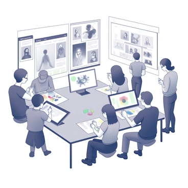 A digital workspace filled with artists collaborating and sharing their work. Several screens display various digital illustrations, showcasing diverse styles and techniques. Artists are engaging in conversations, offering critiques and feedback, while some are seen sketching ideas on graphics tablets. The atmosphere conveys a sense of community and creativity, with artwork and color palettes scattered across virtual interfaces.