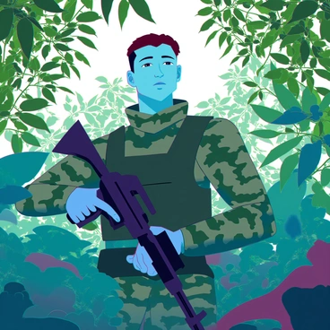 A soldier with olive green skin and short brown hair is camouflaged in dense jungle foliage. He wears a tactical uniform with a patterned design that blends in with the surrounding leaves and branches. He is crouched down, gripping a sleek black machine gun tightly. The area is filled with vibrant green vegetation, with sunlight filtering through the thick canopy above, casting dappled shadows on the ground. The soldier's focused expression suggests he is alert and vigilant while on patrol.