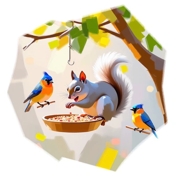 A smiling squirrel stealing birdseed from a feeder, while birds look on helplessly