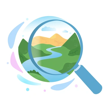 A magnifying glass is positioned above a detailed section of Earth, showcasing vibrant terrains. The lens is focusing on a lush green rainforest with intricate patterns of leaves and vines. Surrounding the rainforest are undulating hills that transition from deep greens to earthy browns. A winding river can be seen flowing through the landscape, reflecting hues of blue and turquoise. In the background, patches of golden savannah grassland are visible, creating a beautiful contrast. The overall composition emphasizes the details within the natural environment under the magnifying glass.