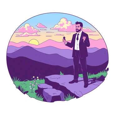 A preacher delivering a sermon on a mountaintop, with vast scenic landscapes in the background