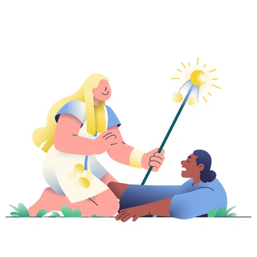 A woman with light skin and long blonde hair, wearing a white and gold outfit, is kneeling beside a wounded ally on the ground. She is holding a staff adorned with a glowing golden orb at the top, which is directed towards the ally. The ally, with medium brown skin and short black hair, lies on the ground looking up with a pained expression. The scene is enveloped in a soft glow of light, radiating from the staff and surrounding both characters, creating an ethereal atmosphere. The grass beneath them is slightly illuminated by the glow, enhancing the healing moment.