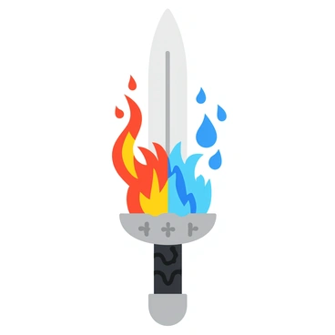A sword split into two halves, each half representing different elemental themes. One half features a vibrant red blade with flames flickering along its edge, embodying the essence of "fire." The other half displays a cool blue blade, with water droplets cascading down its surface, symbolizing "water." The hilt of the sword is adorned with intricate designs, showcasing swirling clouds for "air" and textured earthy patterns for "earth." The two halves are positioned with a slight gap between them, emphasizing their elemental differences while still appearing as a cohesive weapon.