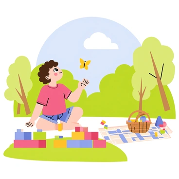 A young child with curly brown hair wearing a bright red t-shirt and denim shorts is playing with colorful building blocks on a grassy patch in the park. The child is looking up with wide, curious eyes, captivated by a small, vibrant yellow butterfly hovering nearby. The park scene is filled with green trees and a clear blue sky, with a few fluffy white clouds floating above. Nearby, a picnic blanket with a basket and some toys is spread out, indicating a family enjoying the day.