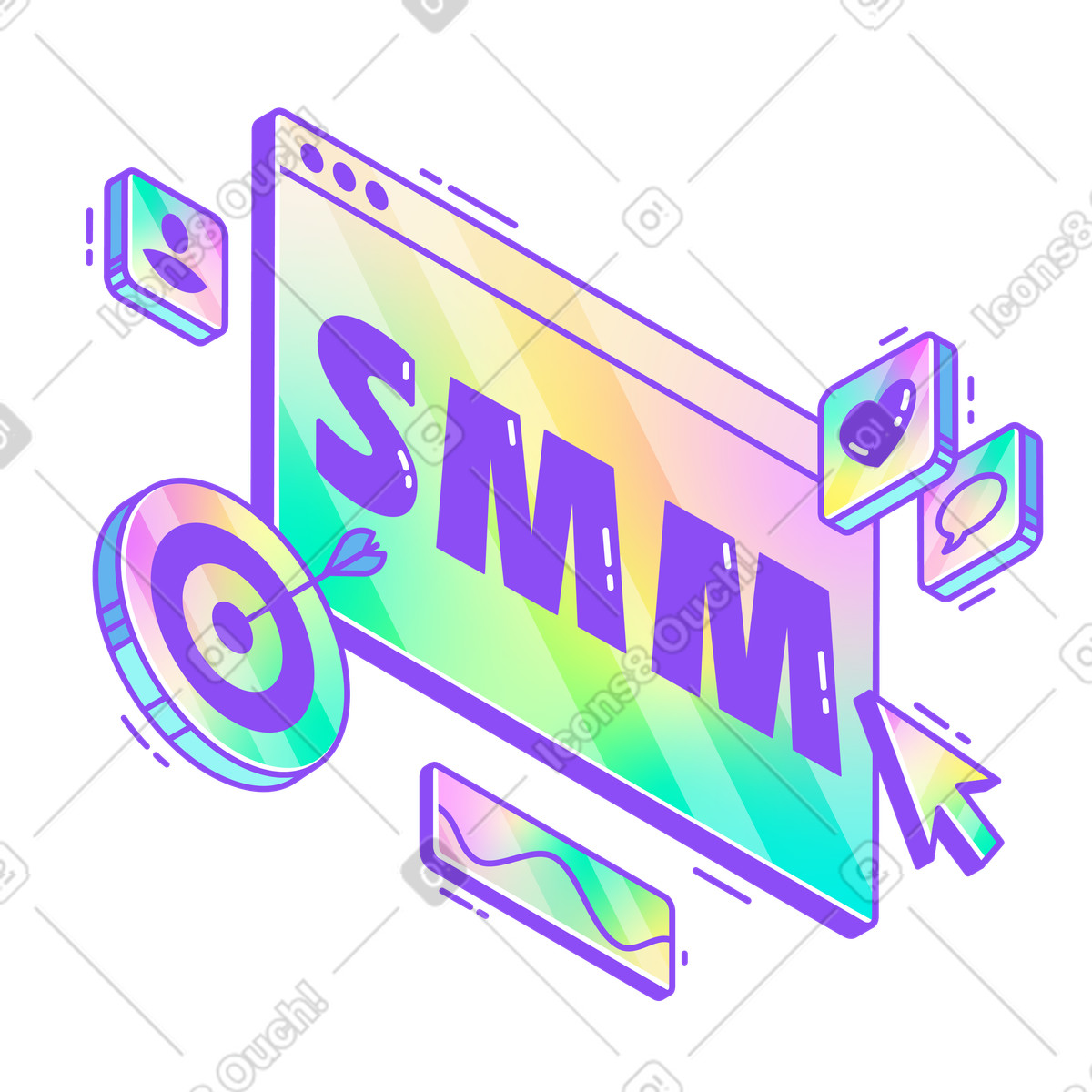 Holographic 스타일의 SMM sign on digital window with target and icons, Social media campaign strategy 일러스트레이션 PNG, SVG 다운로드