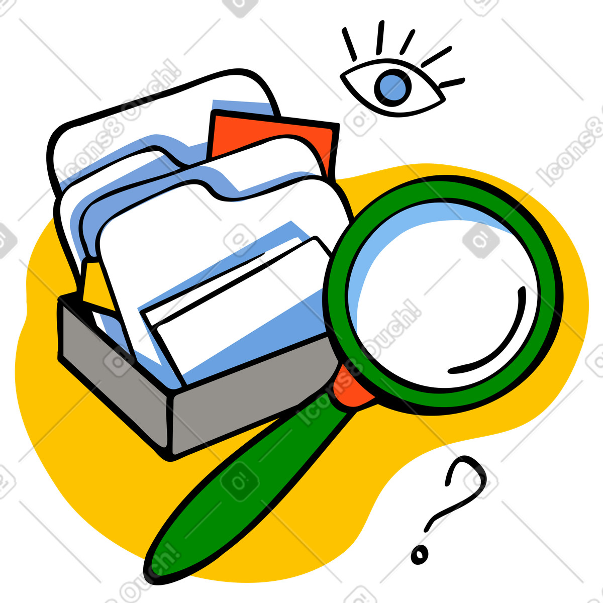 Searching for document in folders with magnifier illustration Comic style download PNG, SVG