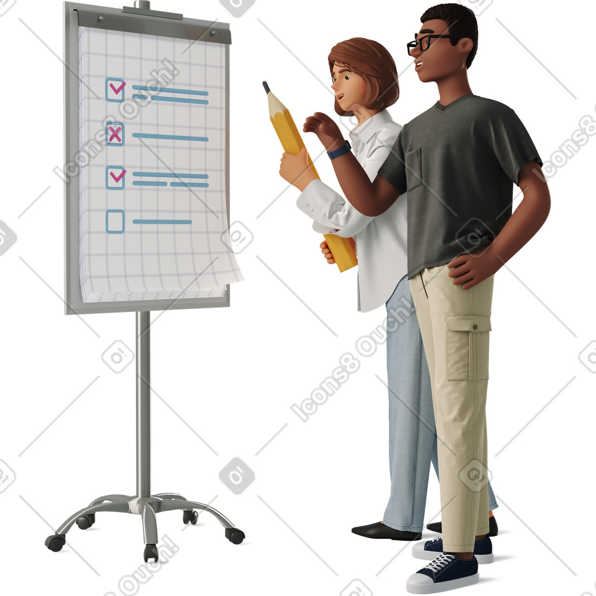 Colleghi che contrassegnano i compiti sulla lavagna a fogli mobili, pianificazione del flusso di lavoro per lavoro o studio illustration in PNG, SVG