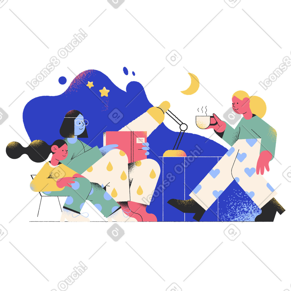 Family evening with mom and daughters reading illustration in Pablo style download in PNG, SVG