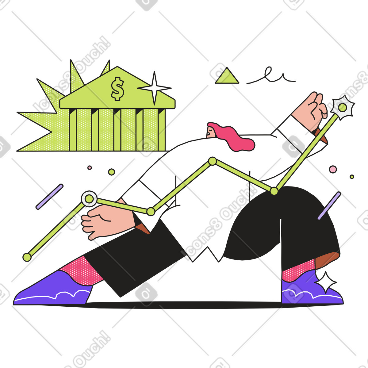 Man in front of the bank shows growth profits illustration Dazzle style download PNG, SVG