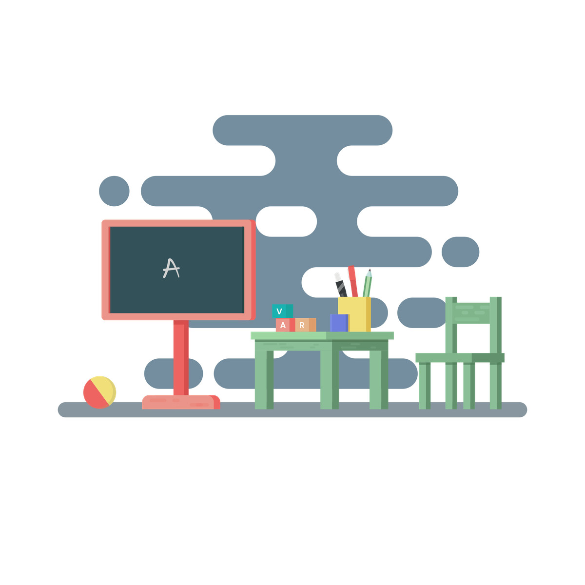 下载 Gummy 风格的 Classroom with blackboard and desk, preschool education learning 插画，支持 PNG、SVG 格式