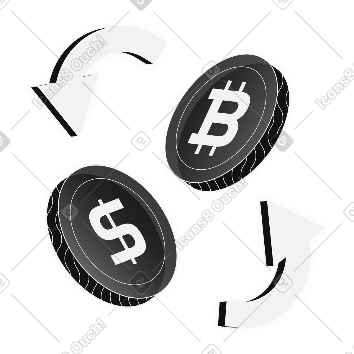 Bitcoin and dollar exchange, digital currency conversion crypto trading illustrazione in stile Inverse scarica in PNG, SVG
