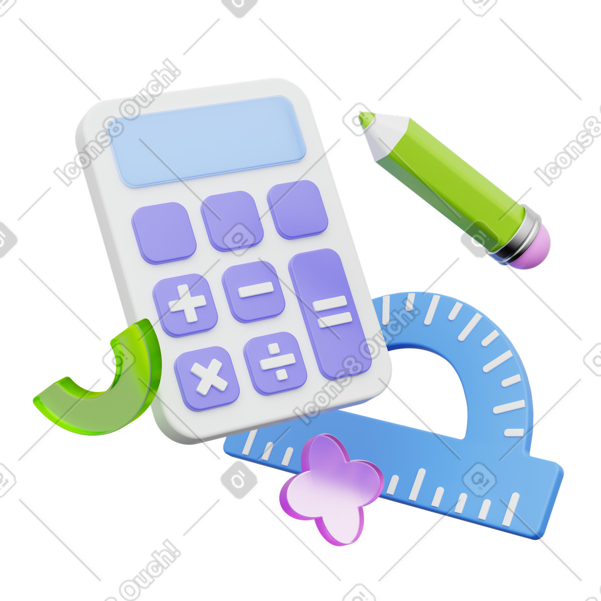 Calculator and protractor, math tools, educational resources for geometry and calculation illustration in 3D Playful style download in PNG, SVG