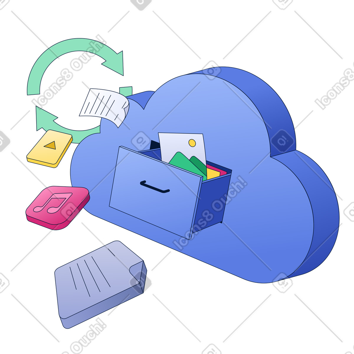 Files flying to cloud storage animated illustration in GIF, Lottie (JSON), AE
