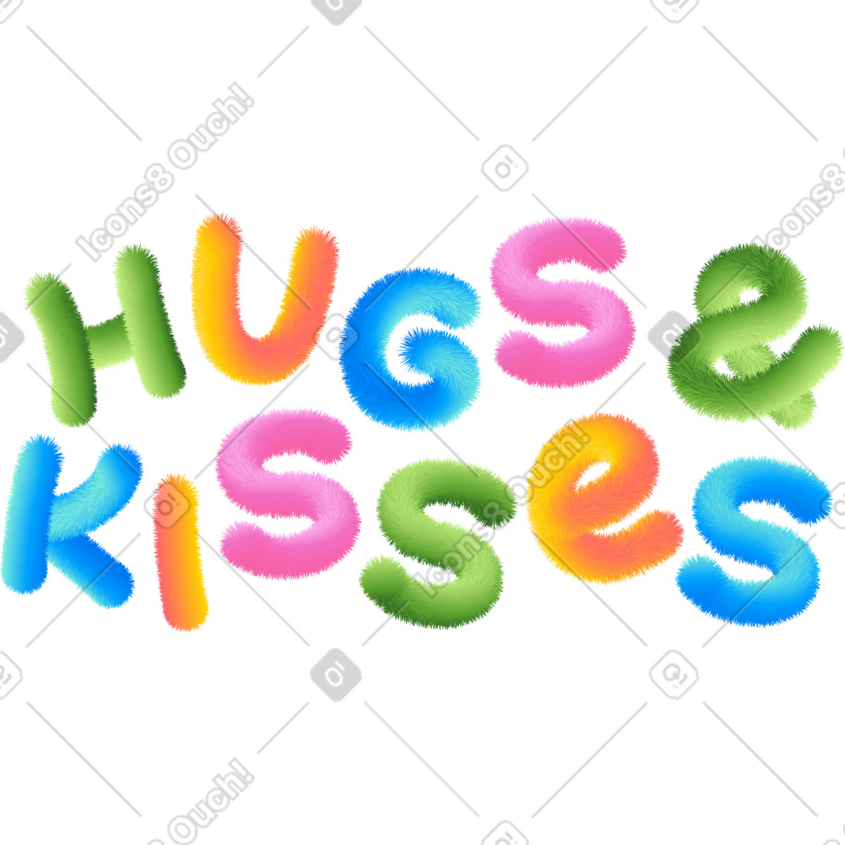 下载 Puffy 风格的 Lettering hugs and kisses in multicolored style text 插画，支持 PNG、SVG 格式