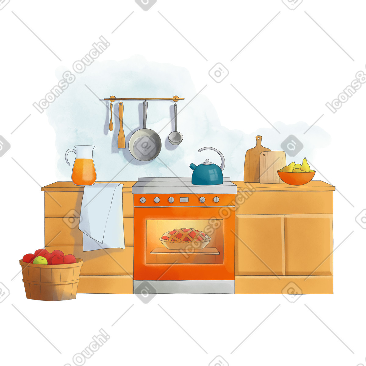 Illustration Kitchen with food and utensils dans le style Seasons à télécharger aux formats PNG, SVG