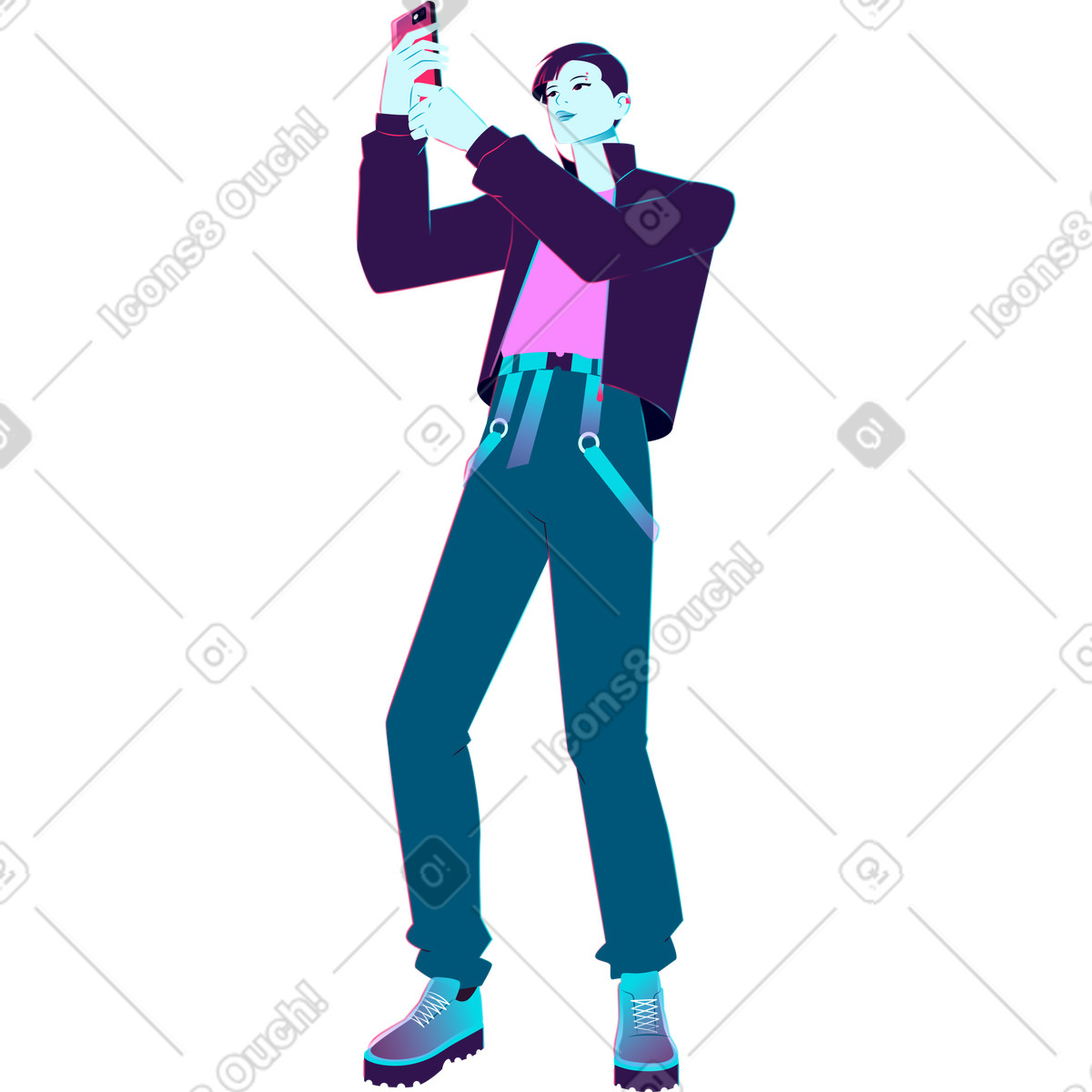 Standing young man taking a selfie illustration in Neon style download in PNG, SVG