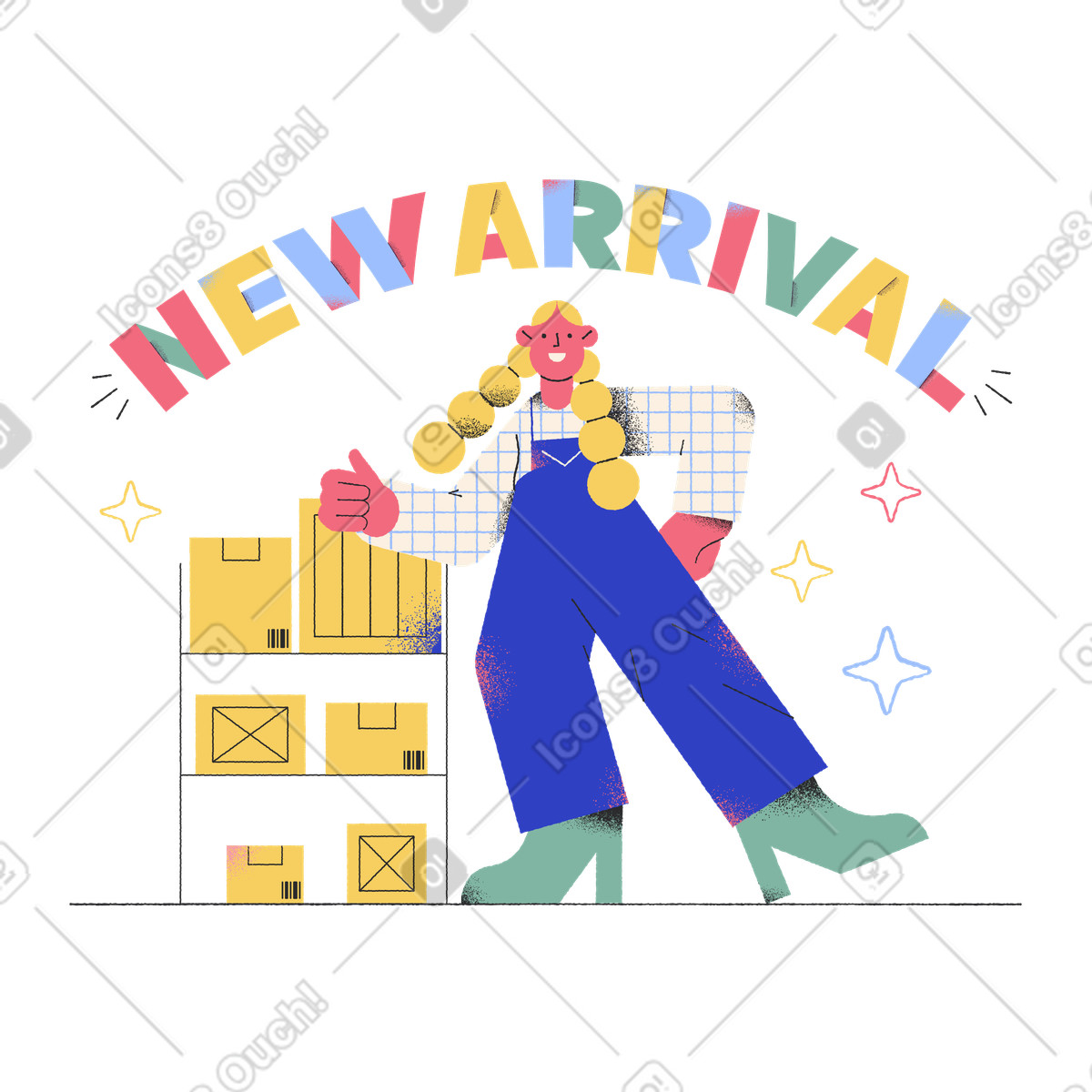 Lettering New Arrival with warehouse illustration in Pablo style download in PNG, SVG