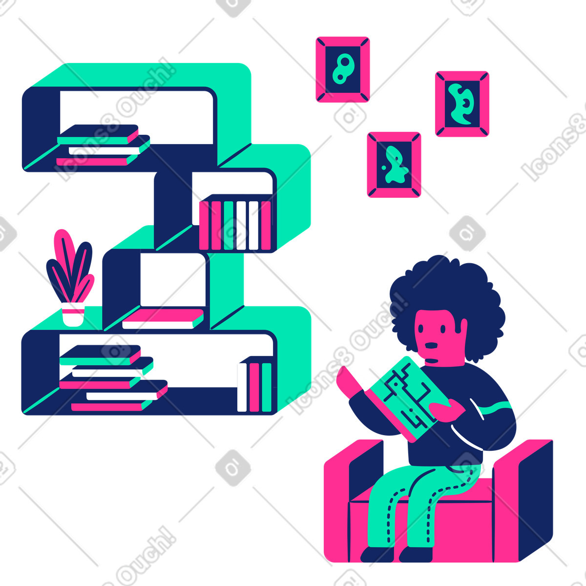 Man reading book and studying at home illustration in Cyborg style download in PNG, SVG