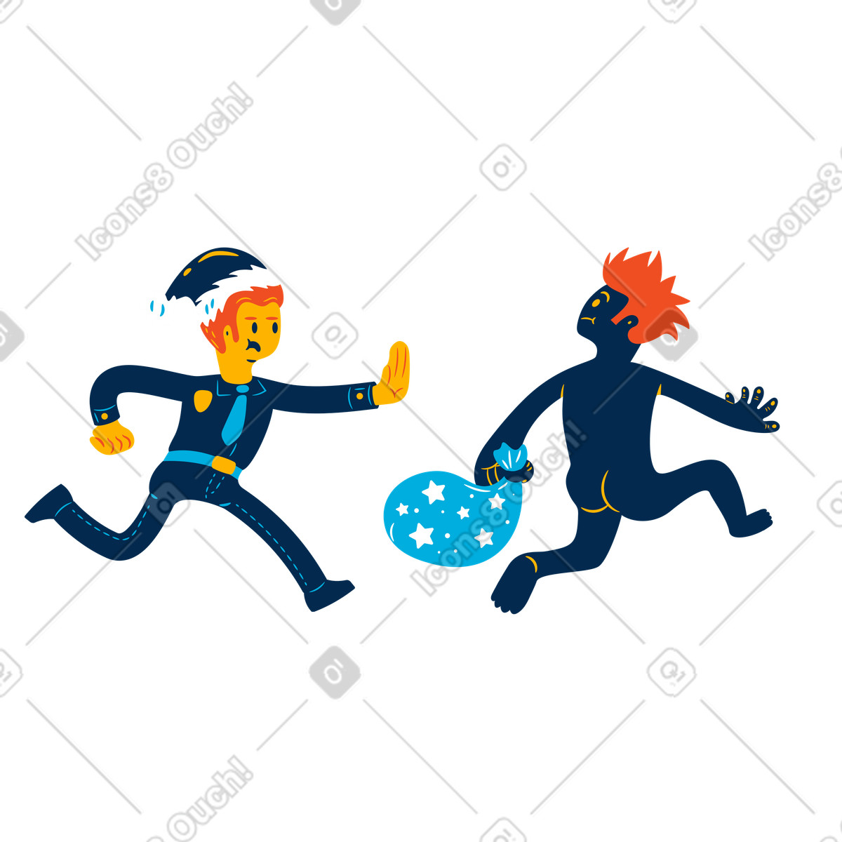 Policeman in christmas hat running after naked thief illustration Flame style download PNG, SVG