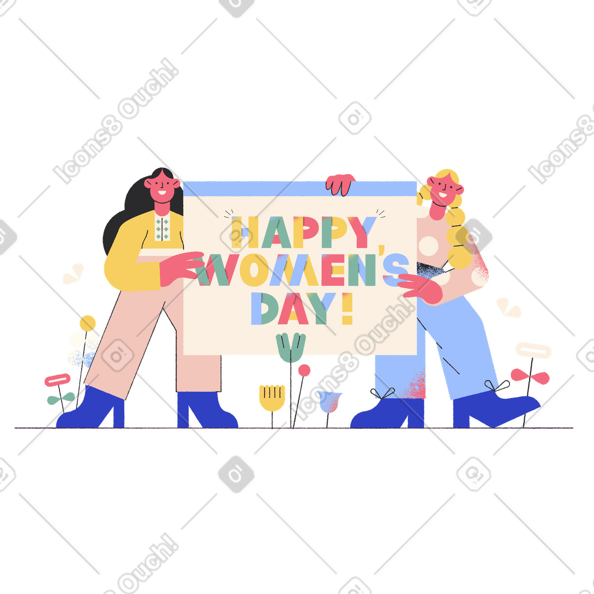 Lettering happy women's day! con le donne che tengono bandiera illustrazione in stile Pablo scarica in PNG, SVG