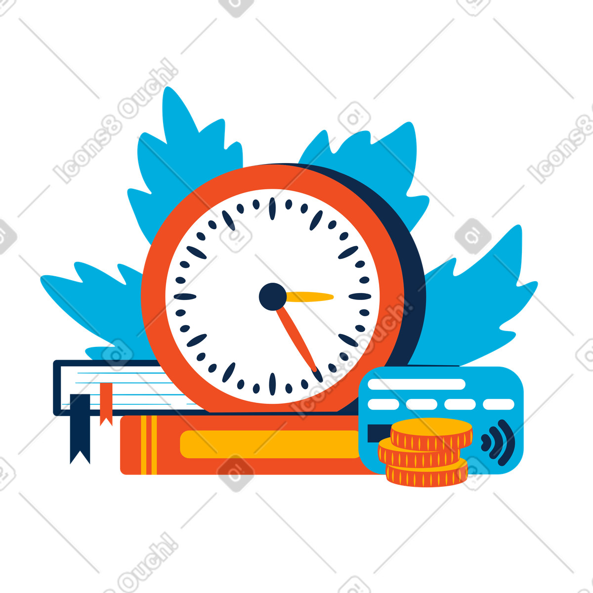 Иллюстрация Large clock with books, coins and a credit card в стиле Flame — скачать в форматах PNG, SVG