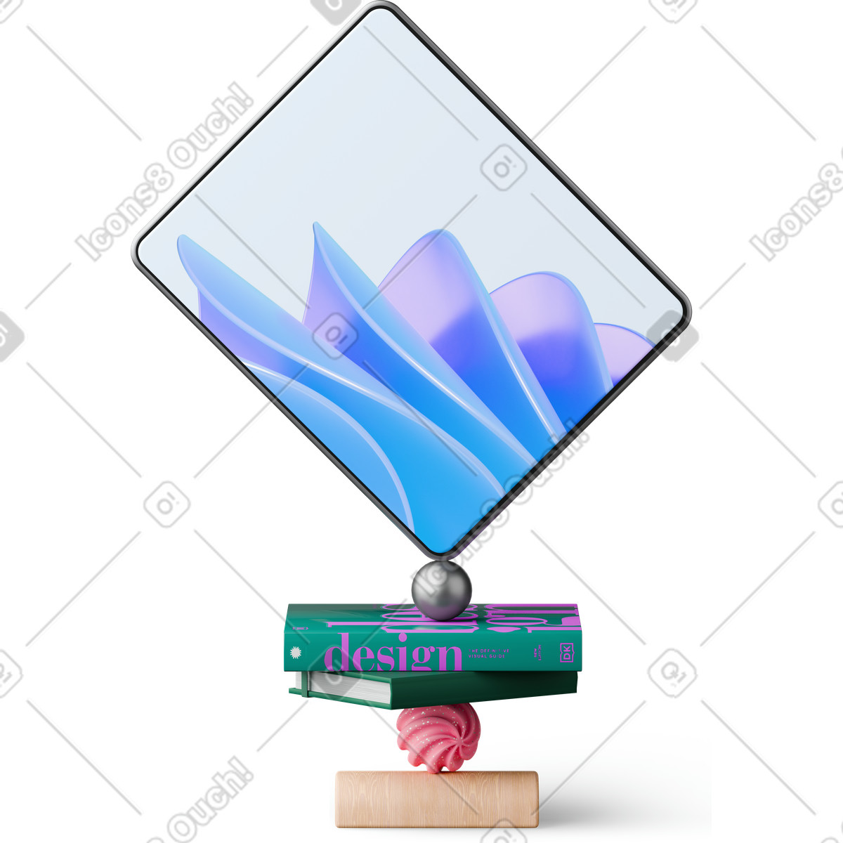 Tablet and books standing on ball illustration in 3D Hygge style download in PNG, SVG