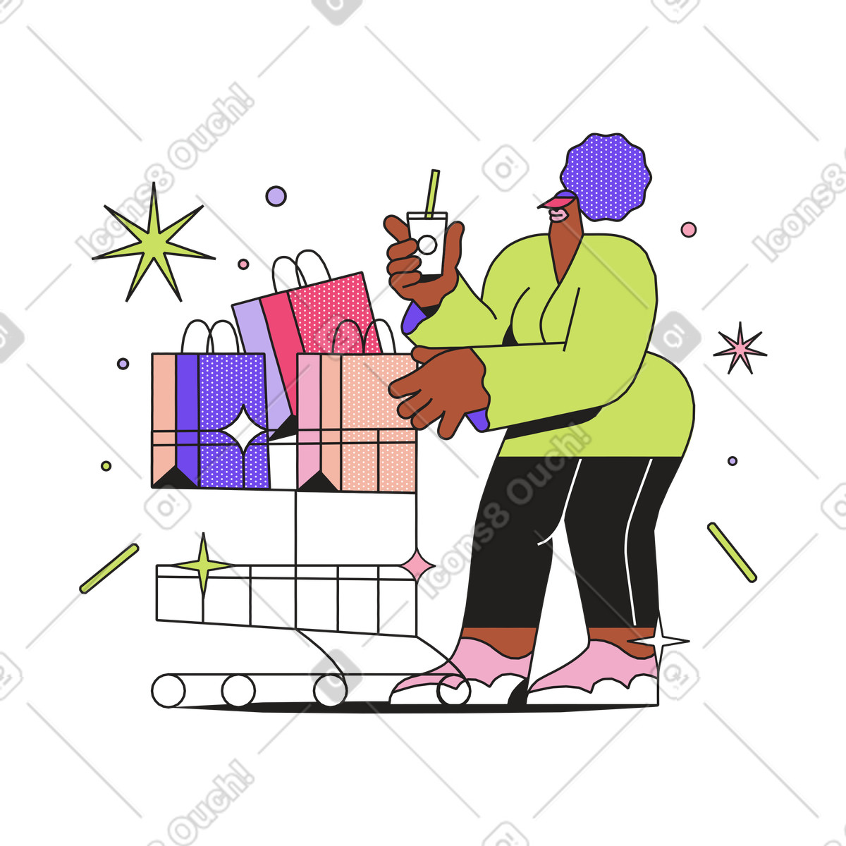 Иллюстрация Shopper with shopping cart full of purchases, mall visit or leisure в стиле Dazzle — скачать в форматах PNG, SVG