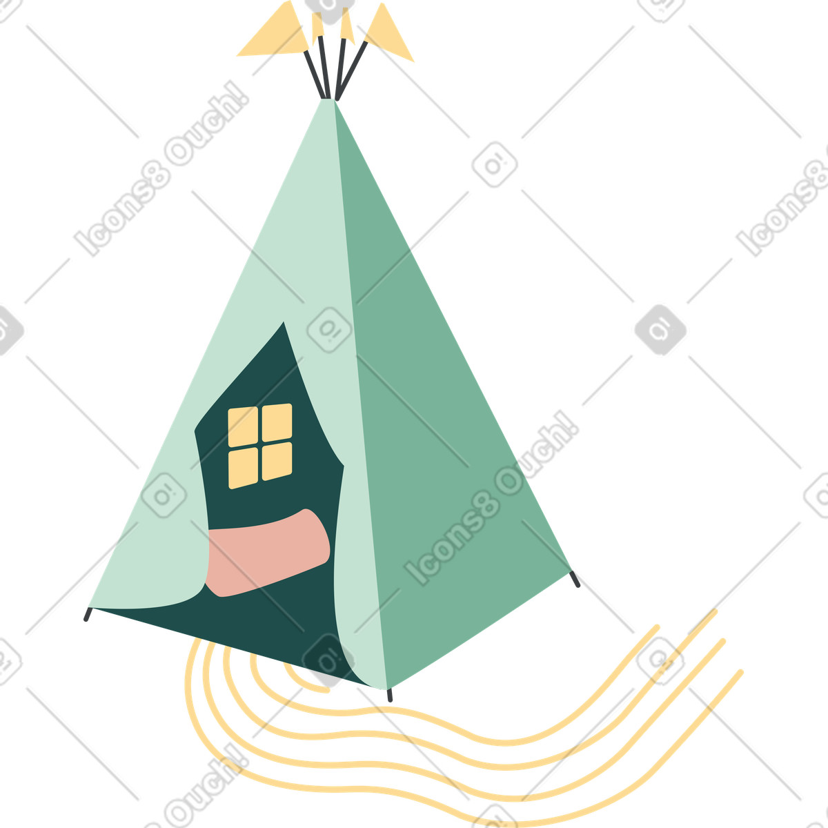 Green teepee with a pillow and flags illustration in Kiddo style download in PNG, SVG