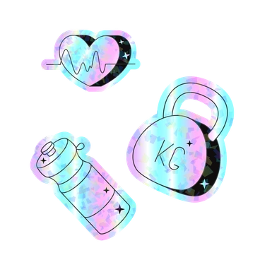 A heart rate monitor, water bottle, and kettlebell - Holostickers style illustration