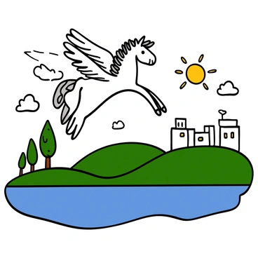 A mythical winged horse, Pegasus, with white shimmering fur and powerful wings, is soaring gracefully in the sky. Below, there is a scenic Greek landscape featuring rolling hills, ancient olive trees, and a crystal-clear blue sea. The sun is shining brightly, illuminating the terrain, and a few fluffy white clouds are scattered in the sky. In the distance, there are white marble buildings that reflect classical Greek architecture, completing the idyllic scene.