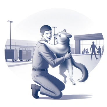 A soldier in uniform kneeling down with a wide smile on their face. The soldier is embracing a large dog, their furry friend, who is leaping into the soldier's arms with excitement. The background features luggage carts and a busy airport terminal, with travelers moving in the distance. Bright airport lights illuminate the scene, emphasizing the joyful moment. The dog has its tail wagging and ears perked up, showing pure happiness during the reunion.