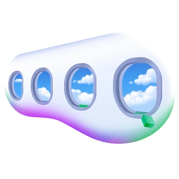 A modern pastel illustration featuring a series of oval-shaped airplane windows aligned in a row. Each window reveals a vibrant blue sky filled with fluffy white clouds. The windows are framed in a soft, light grey, enhancing the overall smooth appearance. The sky is depicted in varying shades of blue to create depth, with some clouds having a slight shadow for dimension.