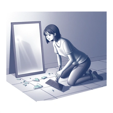 A person kneeling on the floor, displaying a worried expression on their face. They are holding a broom in one hand, sweeping up shards of a broken mirror scattered across the ground. The room is dimly lit, with shadows cast on the walls, creating a somber atmosphere. The broken mirror pieces glint faintly, reflecting the sparse light, while the person's other hand is carefully gathering the shards to avoid injury. The floor is wooden, and there are hints of dust around the broken glass, emphasizing the urgency of the situation.