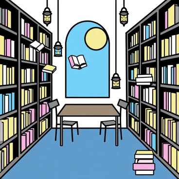 A magical library filled with tall, wooden bookshelves that stretch toward the ceiling. Floating books hover gently in the air, their pages softly fluttering as if a breeze is passing through. Glowing lanterns hang from ornate, wrought-iron fixtures, casting a warm light throughout the room. A plush, dark blue carpet covers the floor, and a large wooden table is centered among the bookshelves, surrounded by a few empty chairs. A large, arched window allows moonlight to filter in, enhancing the enchanting atmosphere.