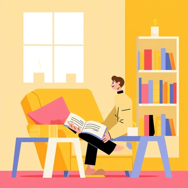 A cozy room with warm, golden walls and a wooden floor. The room is filled with soft, plush furniture, including a large armchair and a small side table. On the table, several candles flicker softly, casting dancing shadows across the room. A figure is seated in the armchair, holding an open book, completely absorbed in reading. The figure has short brown hair and is wearing a comfortable sweater. The soft glow of the candle flames illuminates the pages of the book and the figure's relaxed expression. A bookshelf filled with colorful books is visible in the background, enhancing the inviting atmosphere.