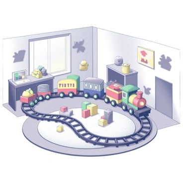 A small cartoon toy train is arranged on a circular track. The train features a bright engine and several colorful cars, each with unique designs. The playroom is filled with vibrant toys scattered around, including plush animals, building blocks, and a small table with crayons and coloring books. The walls are adorned with playful murals of animals and shapes, adding to the lively atmosphere of the room. The train winds around a soft, plush rug in the center of the playroom.
