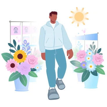 Ayanokoji is walking through an outdoor market filled with vibrant flowers in various colors. He is dressed in a casual outfit, with a light jacket and jeans, as he observes the different flower stalls. A variety of flowers, such as bright sunflowers, delicate roses, and lively daisies, are arranged beautifully in pots and bouquets all around him. The sun casts a warm light over the scene, enhancing the colors of the flowers and creating a cheerful atmosphere. 