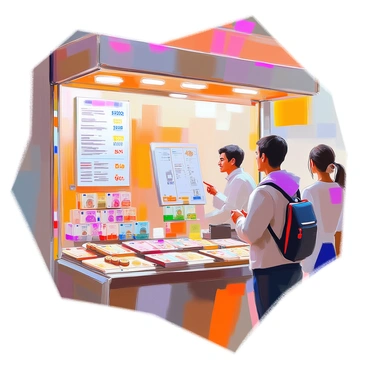 A vibrant exchange booth is filled with an array of world currencies displayed prominently. The booth features colorful banknotes from different countries, carefully arranged in sections to highlight their unique designs. There are coins scattered across the counter, showcasing various shapes and sizes. Behind the counter, a friendly attendant is engaging with a customer, pointing towards a large display board that lists the exchange rates. The atmosphere is lively, with people browsing and interacting around the booth, creating a sense of bustling activity.