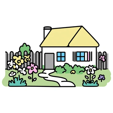A quaint cottage with a thatched roof and white walls. It is set amidst a lush garden filled with numerous blooming primroses in various colors, including yellow, pink, and white. The garden features a simple stone path leading to the cottage, and there are green shrubbery and tall grass surrounding the flowers. A wooden fence encloses the garden, adding to the cozy feel of the scene.
