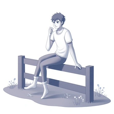 A character sitting on a wooden fence, legs dangling on either side. The character has a thoughtful expression, with furrowed brows and slightly pursed lips. One hand rests on the knee, while the other is placed on the fence rail for support. The background features a grassy field with a few scattered wildflowers, creating a natural setting. The sky above is vast and open, suggesting an atmosphere of contemplation.