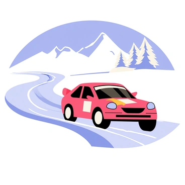 A rally car with a bright red body and bold black and white decals speeds along an icy track. The background features a snowy arctic landscape with snow-covered hills and frosty trees. Wisps of snow spray out behind the car as it drifts around a turn on the slick surface. Clear blue skies are visible above, contrasting with the white landscape. The scene captures the thrill of motorsport in a challenging winter environment.