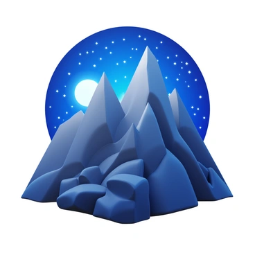 Majestic mountain peaks rising sharply against the sky, showcasing rugged textures and rocky surfaces. The mountains are illuminated by the soft glow of moonlight, creating dramatic shadows and highlights. A clear, starry night sky filled with countless twinkling stars is visible above, adding depth and contrast to the scene. The overall composition emphasizes the grandeur of the mountains and the vastness of the night sky.