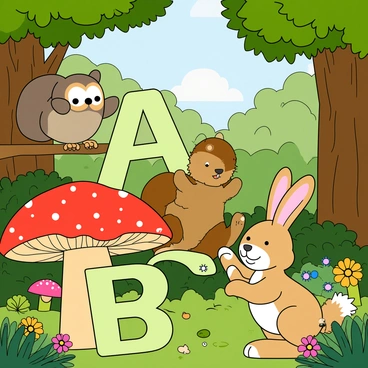 In a vibrant forest scene, three whimsical creatures are joyfully interacting with the letters "A," "B," and "C." The first creature is a small, round-faced owl with big eyes, perched on a branch holding the letter "A" with its tiny claws. The second creature is a playful, fluffy squirrel with a bushy tail, standing on its hind legs while balancing the letter "B" on its nose. The third creature is a colorful, cheeky rabbit with oversized ears, hopping beside a large, leafy mushroom and playfully nudging the letter "C" with its paw. The forest is filled with lush green trees, colorful flowers, and dappled sunlight filtering through the leaves.