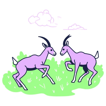 Two gazelles are engaged in a gentle playfight on a grassy plain. One gazelle is leaping gracefully with its legs extended, while the other is crouched low, preparing to spring. Sunlight casts soft shadows on the ground, highlighting their slender bodies and long, curved horns. Around them, tufts of grass sway gently in the breeze, and in the background, a few scattered bushes are visible. The sky above is clear, with a few fluffy clouds drifting by.