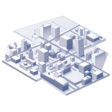 A city map illustrated with intersecting lines and geometric shapes. The map includes various landmarks represented by unique symbols and simplified structures. Roads and pathways are shown as thick and thin lines, creating a network that conveys the layout of the city. Different areas are separated by distinct shapes, suggesting parks, residential zones, and commercial districts. The overall composition is intricate, showcasing the complexity of the urban environment.