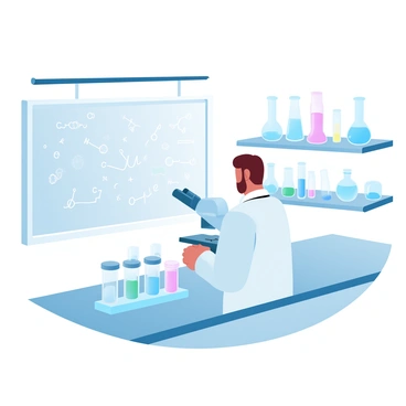 A doctor in a white lab coat is standing at an advanced laboratory workstation. The doctor is focused on a set of beakers and test tubes filled with colorful liquids, which are arranged in front of a microscope. Behind the doctor, there are shelves filled with various scientific instruments and glassware. A large chalkboard covered in complex formulas and diagrams is visible on one side of the lab. Bright fluorescent lights illuminate the space, creating a sterile and efficient environment for research.